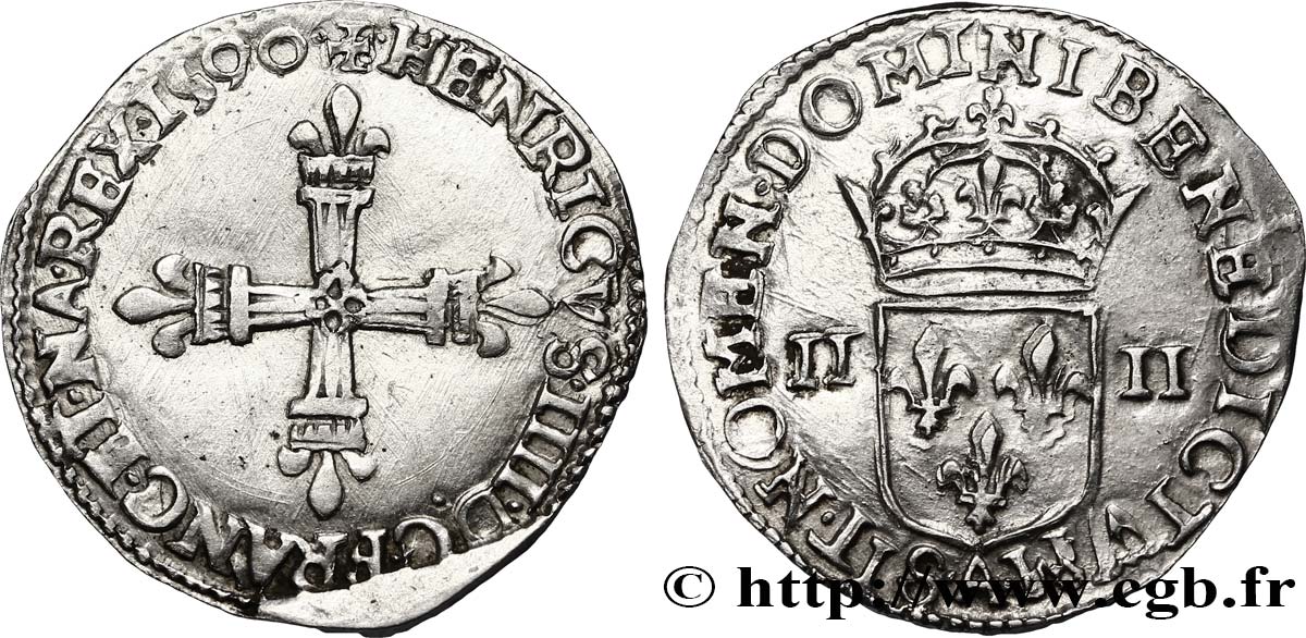 HENRY IV Quart d écu, croix batonnée et fleurdelisée de face 1590 Compiègne XF