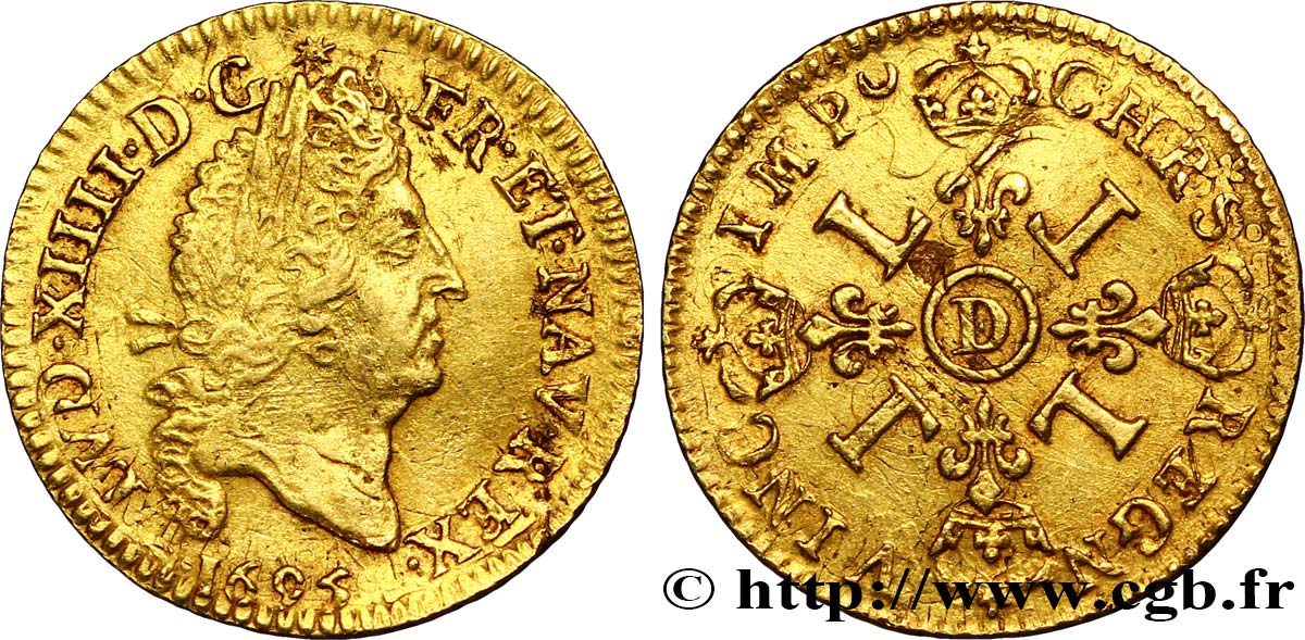 LOUIS XIV  THE SUN KING  Demi-louis d or aux quatre L 1695 Lyon XF