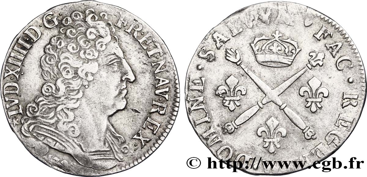 LOUIS XIV  THE SUN KING  20 sols aux insignes 1708 Lille XF