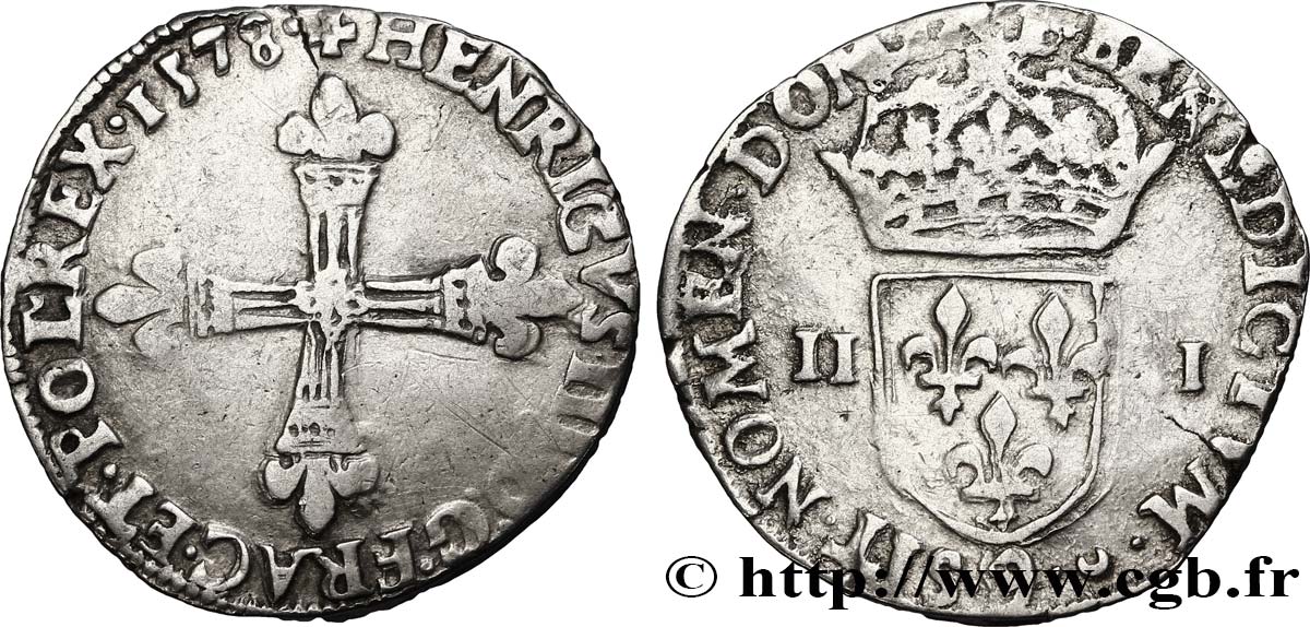 HENRY III Quart d écu, croix de face 1578 Rennes XF/VF