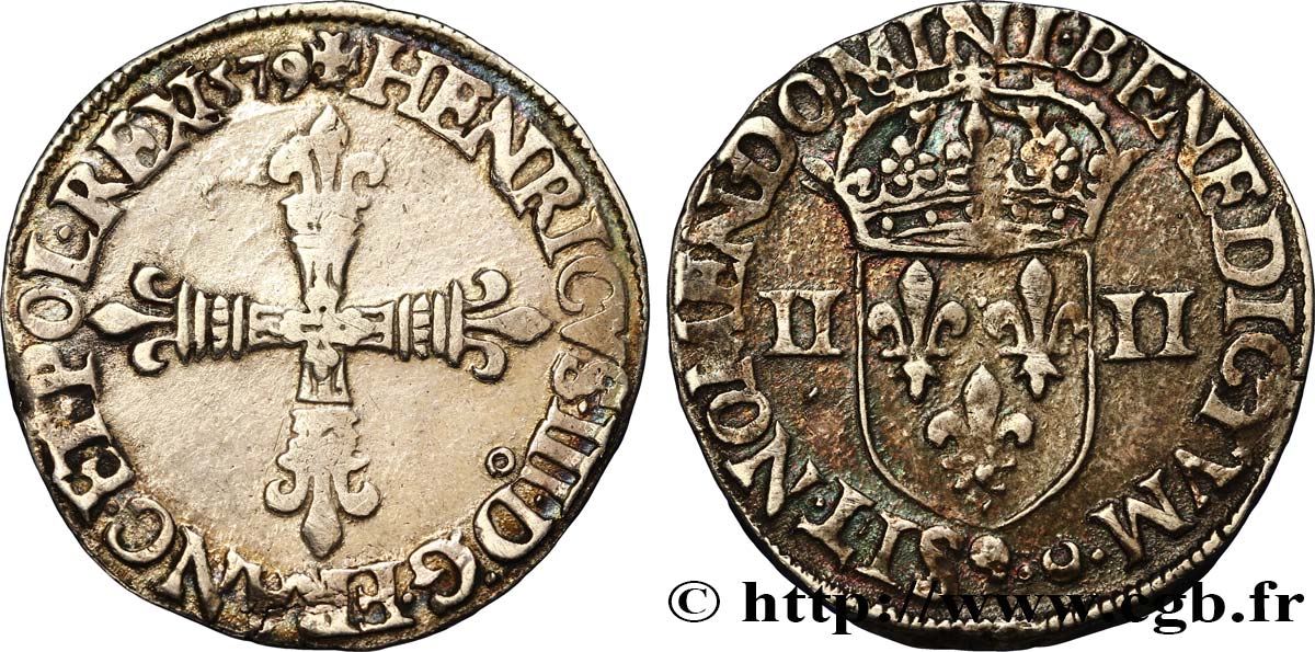 HENRI III Quart d écu, croix de face 1579 Rennes TB+/TTB