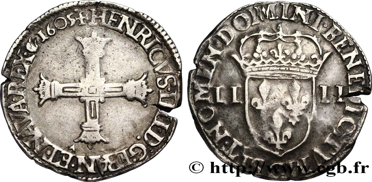 HENRY IV Quart d écu, croix bâtonnée et couronnée de face 1605 Saint-Lô q.BB/BB