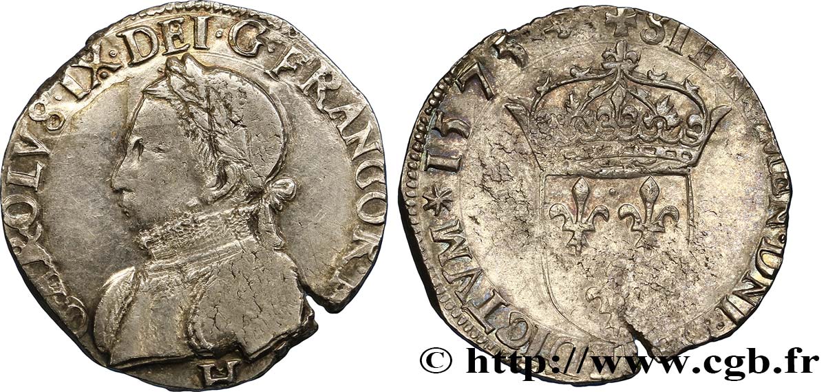 HENRI III. MONNAYAGE AU NOM DE CHARLES IX Teston, 11e type 1575 La Rochelle TB+