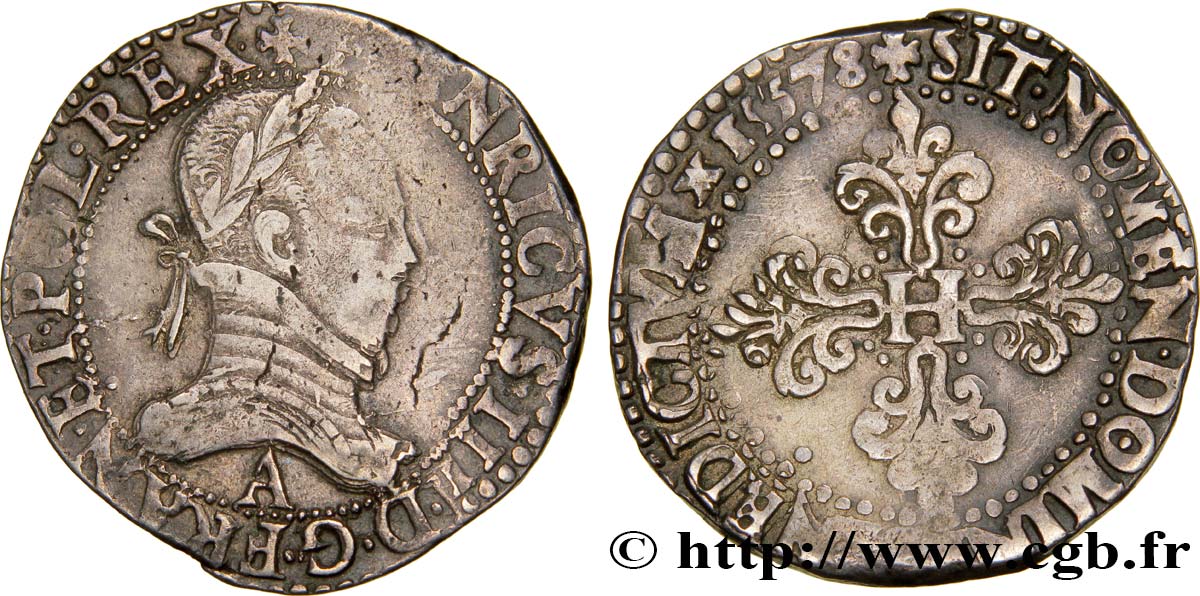 HENRI III Franc au col plat 1578 Paris TB+/TTB