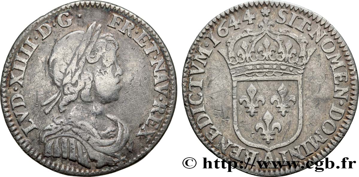 LOUIS XIV LE GRAND OU LE ROI SOLEIL Douzième d écu, portrait à la mèche courte 1644 Paris, Monnaie de Matignon TB+/TTB
