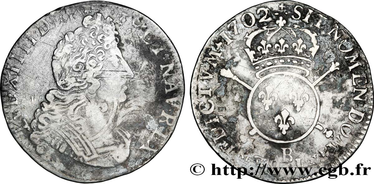 LOUIS XIV  THE SUN KING  Quart d écu aux insignes 1702 Rouen BC+/MBC