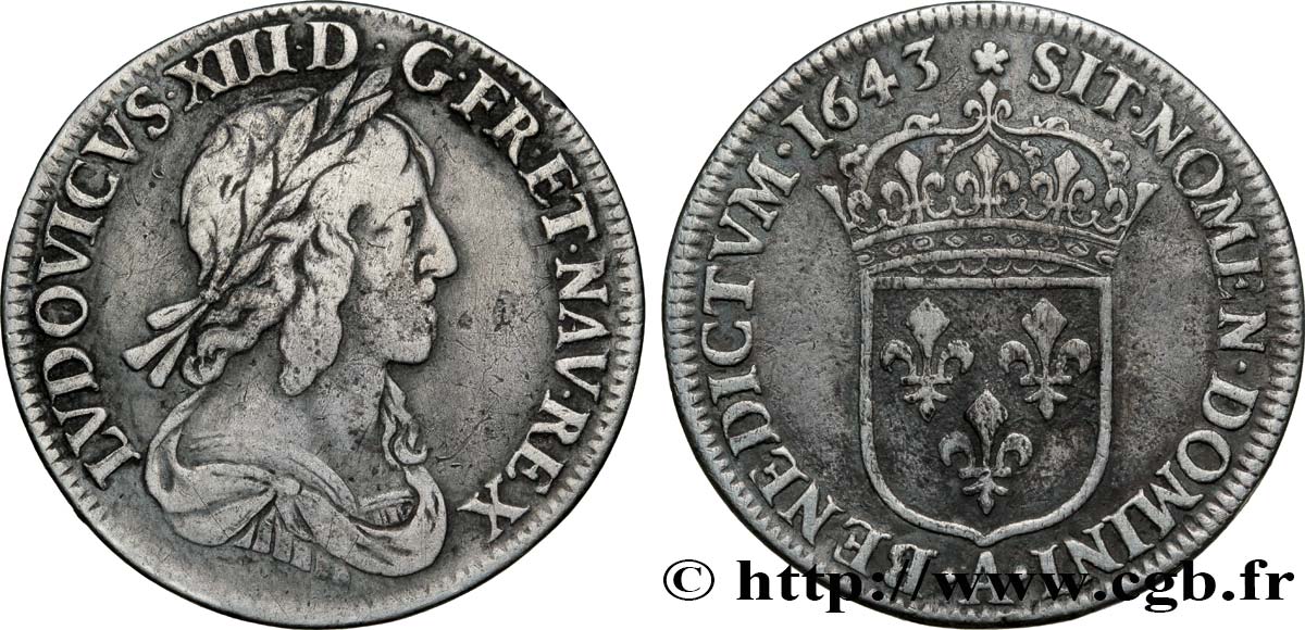 LOUIS XIII LE JUSTE Quart d écu, buste drapé et cuirassé (2e buste de Jean Warin) 1643 Paris, Monnaie de Matignon TB