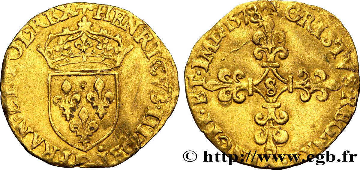 HENRI III Écu d or au soleil, 1er type 1578 Troyes TTB/TTB+