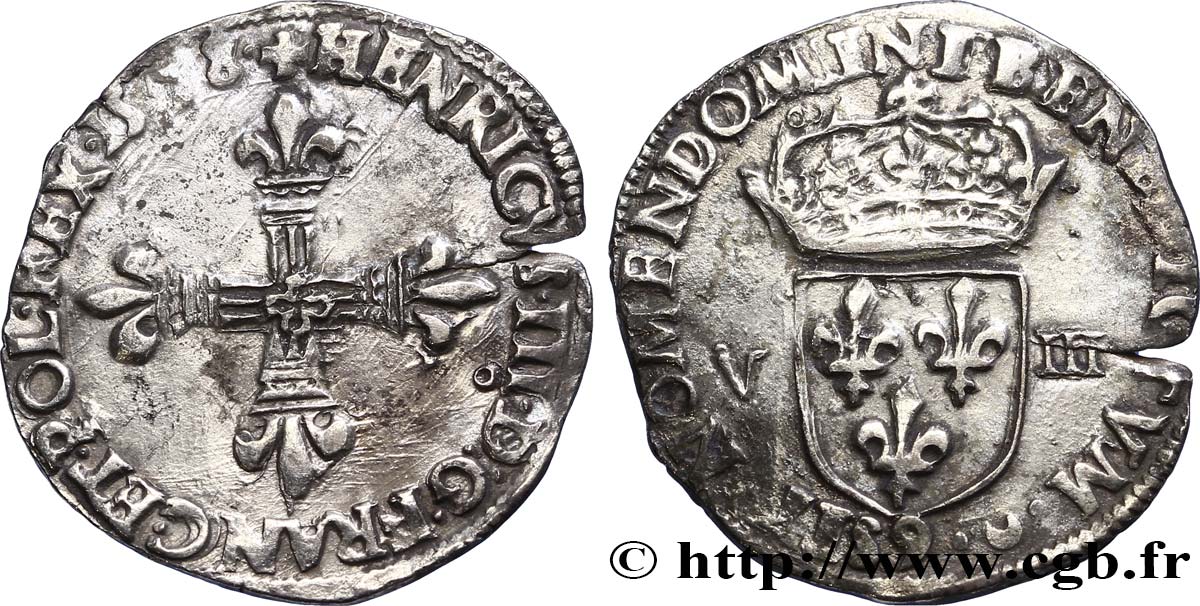 HENRI III Huitième d écu, croix de face 1578(?) Rennes TTB