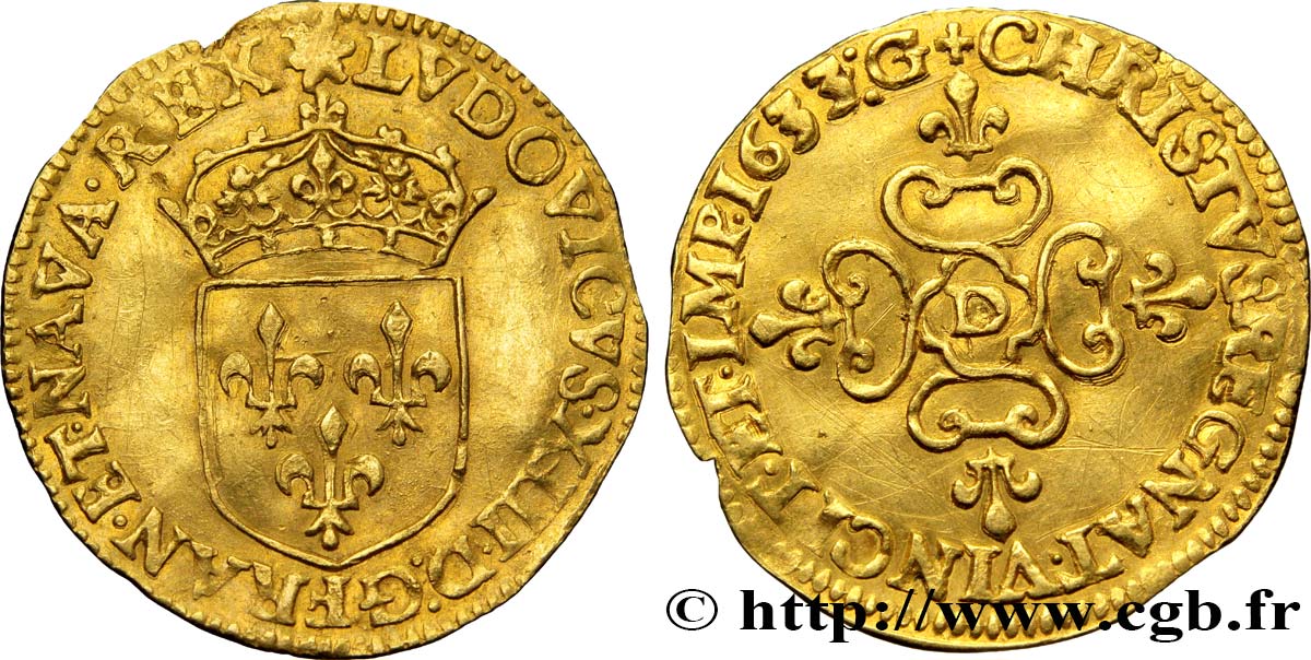 LOUIS XIII  Écu d or au soleil, à la croix anillée fleurdelisée 1633 Lyon XF/AU