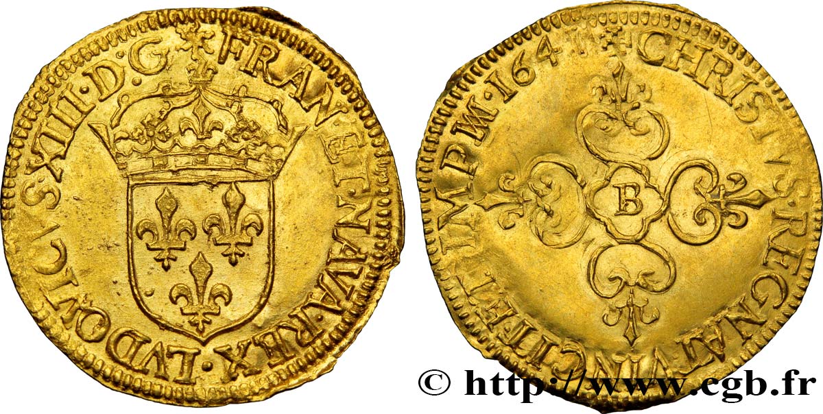 LOUIS XIII  Écu d or au soleil, à la croix anillée fleurdelisée 1641 Rouen AU
