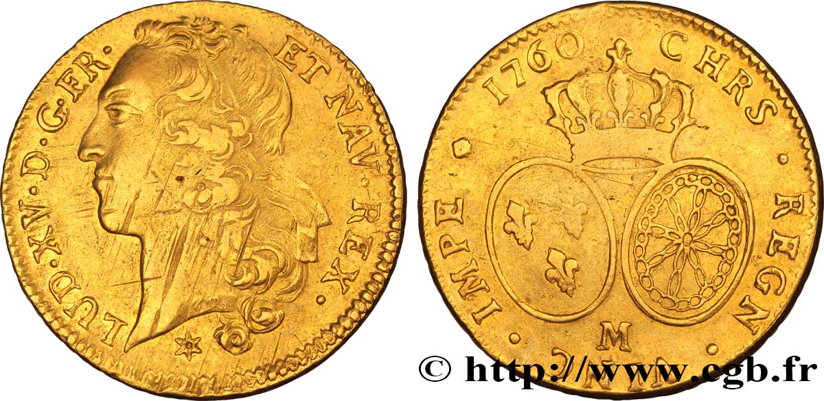 LOUIS XV DIT LE BIEN AIMÉ Double louis d’or aux écus ovales, tête ceinte d’un bandeau 1760 Toulouse TB+