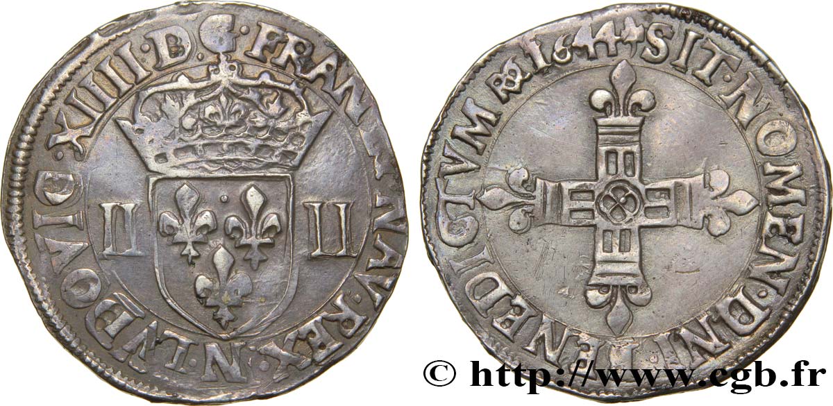 LOUIS XIV  THE SUN KING  Quart d écu, titulature côté écu 1644 Montpellier XF/AU