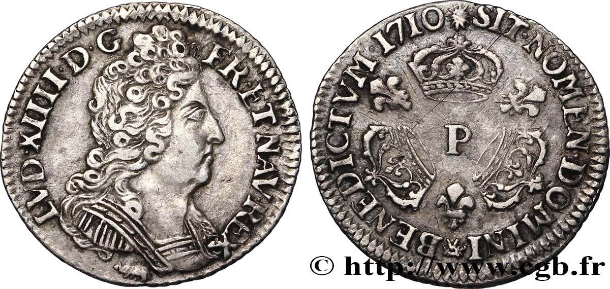 LOUIS XIV  THE SUN KING  Dixième d écu aux trois couronnes 1710 Dijon AU/XF