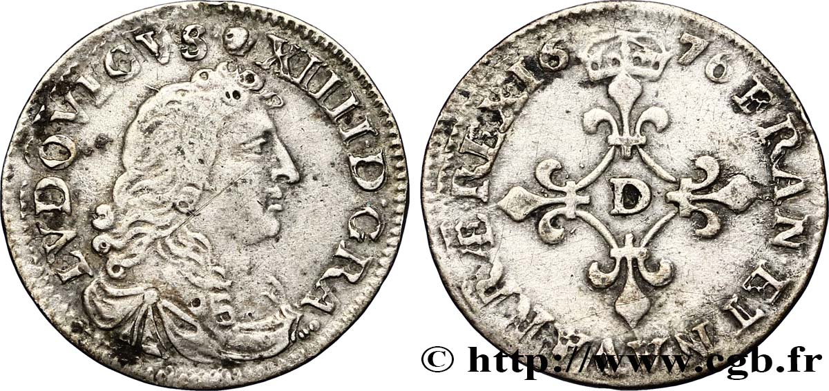 LOUIS XIV LE GRAND OU LE ROI SOLEIL Quatre sols à la croix formée de lis 1676 Vimy-en-Lyonnais (actuellement Neuville-sur-Saône) TTB