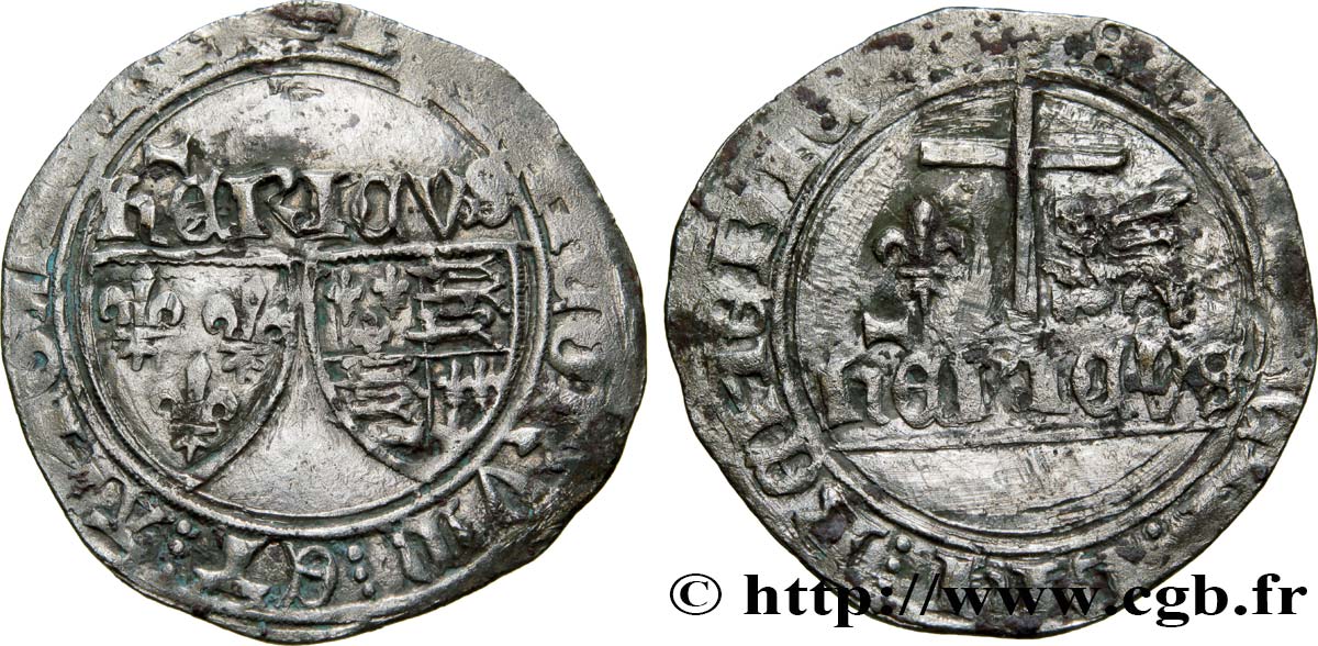 HENRY VI DE LANCASTRE - ROI DE FRANCE (1422-1453) - ROI D ANGLETERRE (1422-1461) et (1470-1471) Blanc aux écus n.d. Saint-Lô TB+