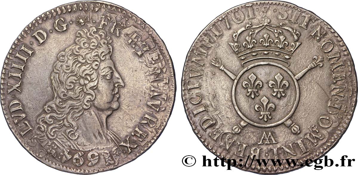 LOUIS XIV  THE SUN KING  Écu aux insignes 1701 Metz q.SPL