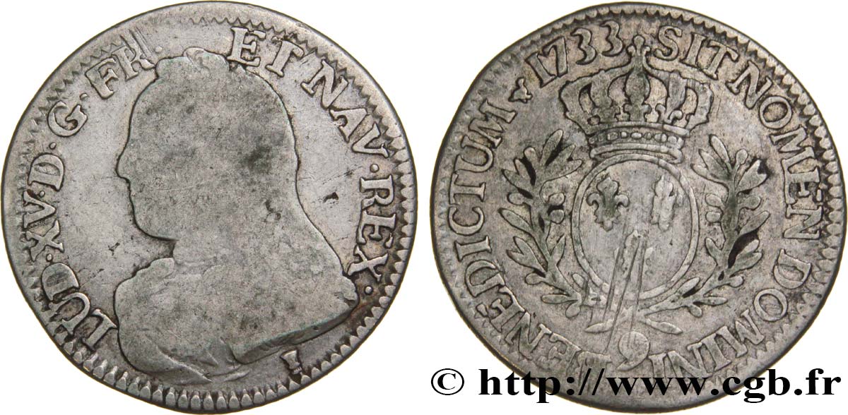 LOUIS XV DIT LE BIEN AIMÉ Cinquième d écu aux branches d olivier, buste habillé 1733 Rennes B+/TB