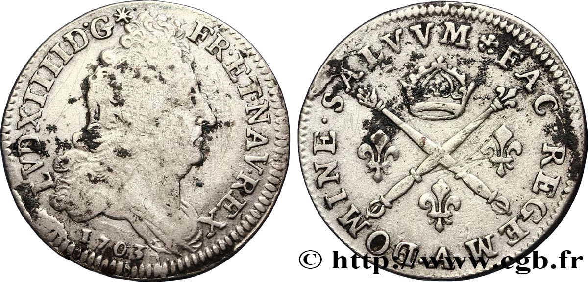 LOUIS XIV  THE SUN KING  10 sols aux insignes 1703 Paris MB/q.BB