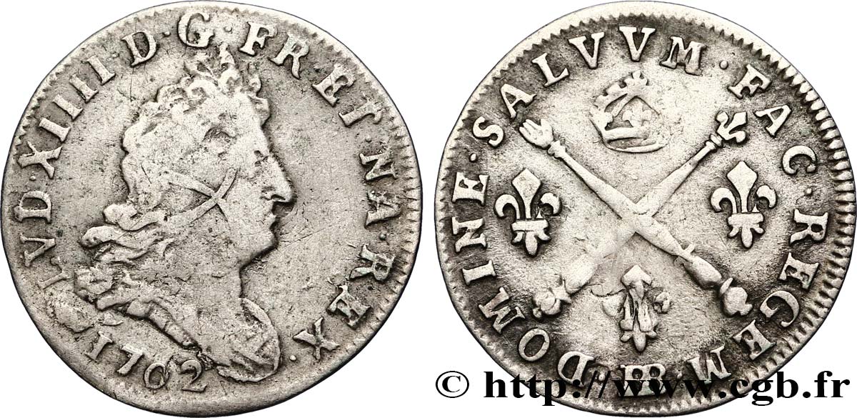 LOUIS XIV THE SUN KING Cinq sols aux insignes 1702 Strasbourg S/fSS