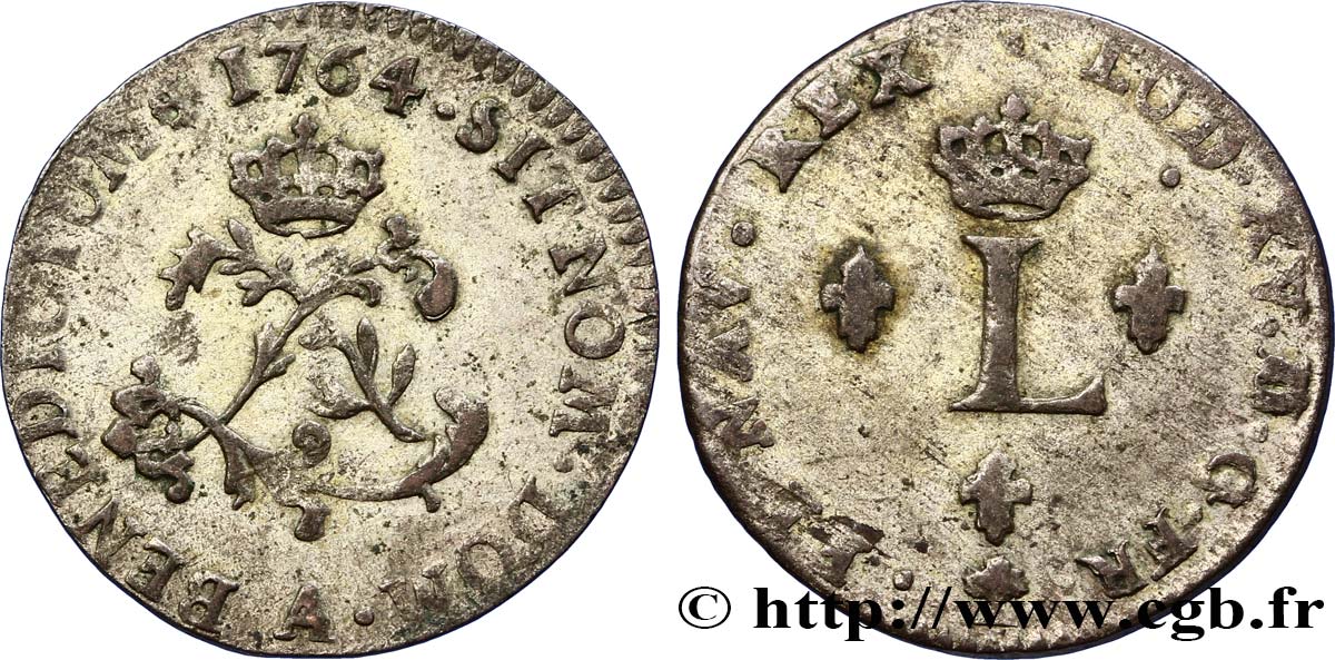 LOUIS XV DIT LE BIEN AIMÉ Double sol de billon 1764 Paris TTB/TTB+