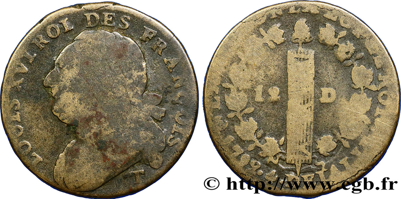 LOUIS XVI (MONARQUE CONSTITUTIONNEL) 12 deniers dit au faisceau , type FRANÇOIS 1792 Nantes B
