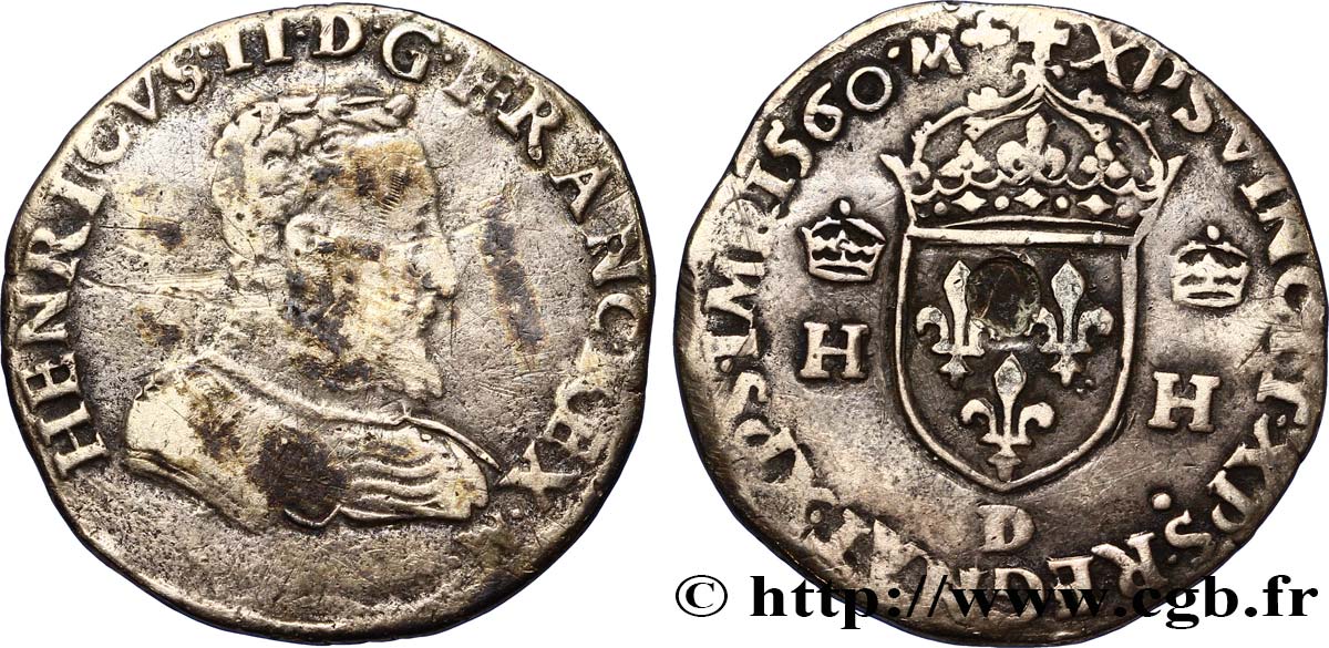 FRANCIS II. COINAGE IN THE NAME OF HENRY II Teston à la tête nue, 1er type 1560 Lyon VF/XF