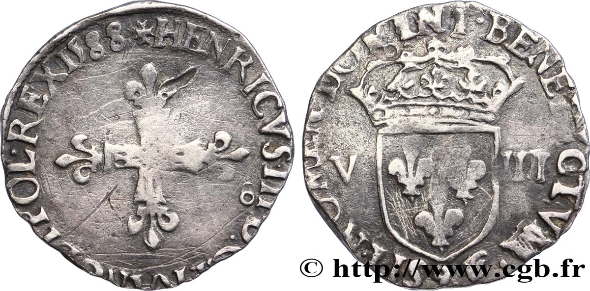 HENRI III Huitième d écu, croix de face 1588 Rennes TTB