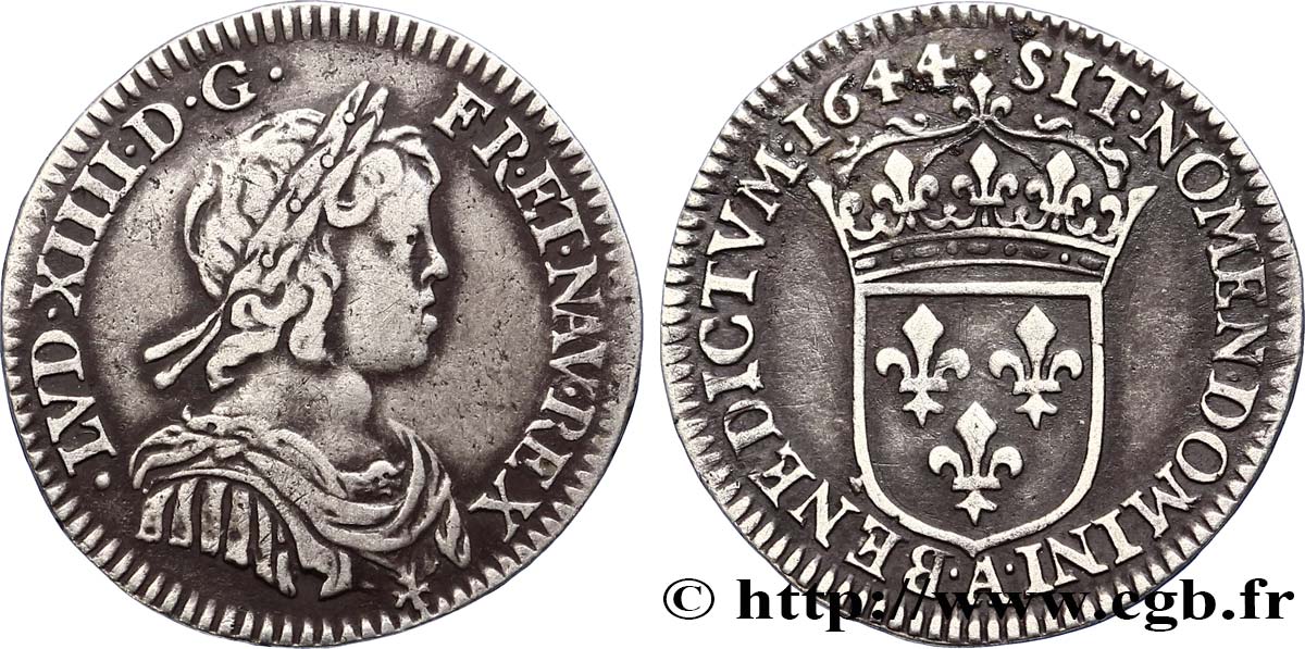 LOUIS XIV  THE SUN KING  Douzième d écu, portrait à la mèche courte 1644 Paris, Monnaie de Matignon AU