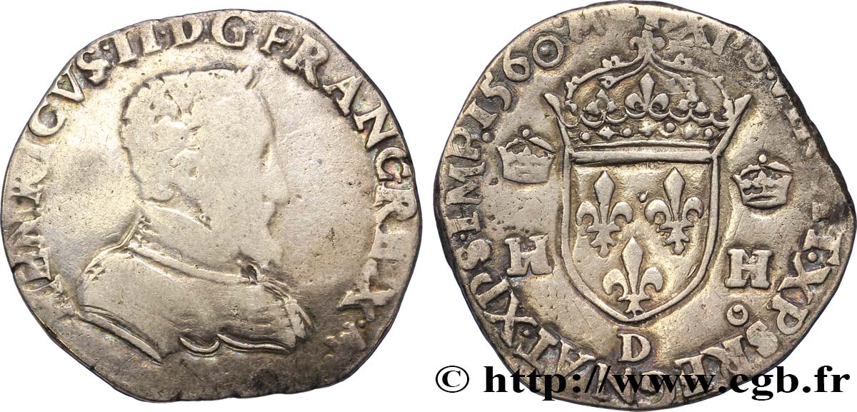FRANCIS II. COINAGE IN THE NAME OF HENRY II Teston à la tête nue, 1er type 1560 Lyon VF