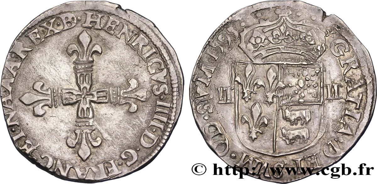 HENRI IV LE GRAND Quart d écu de Béarn, légende fautée NAAA 1595 Morlaàs TTB