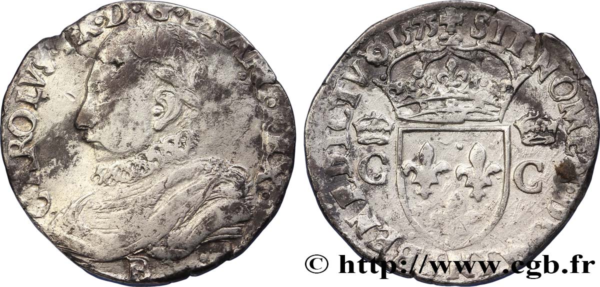 HENRI III. MONNAYAGE AU NOM DE CHARLES IX Teston, 10e type 1575 Rouen TB