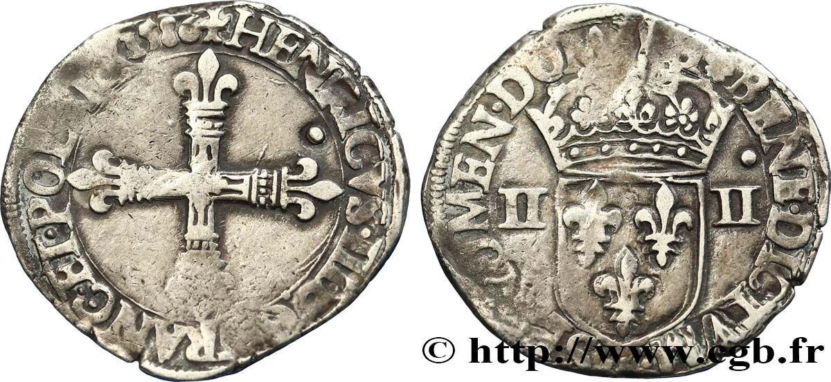 HENRI III Quart d écu, croix de face 1586 Nantes TB+