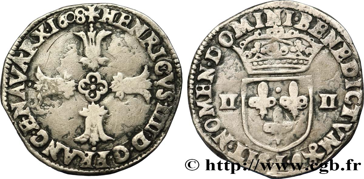 HENRI IV LE GRAND Quart d écu, croix feuillue de face 1608 Bayonne TB+