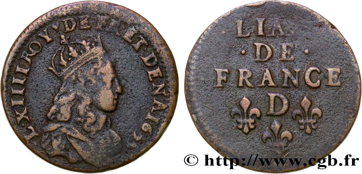 LOUIS XIV  THE SUN KING  Liard de cuivre, 2e type 1655 Vimy-en-Lyonnais (actuellement Neuville-sur-Saône) XF