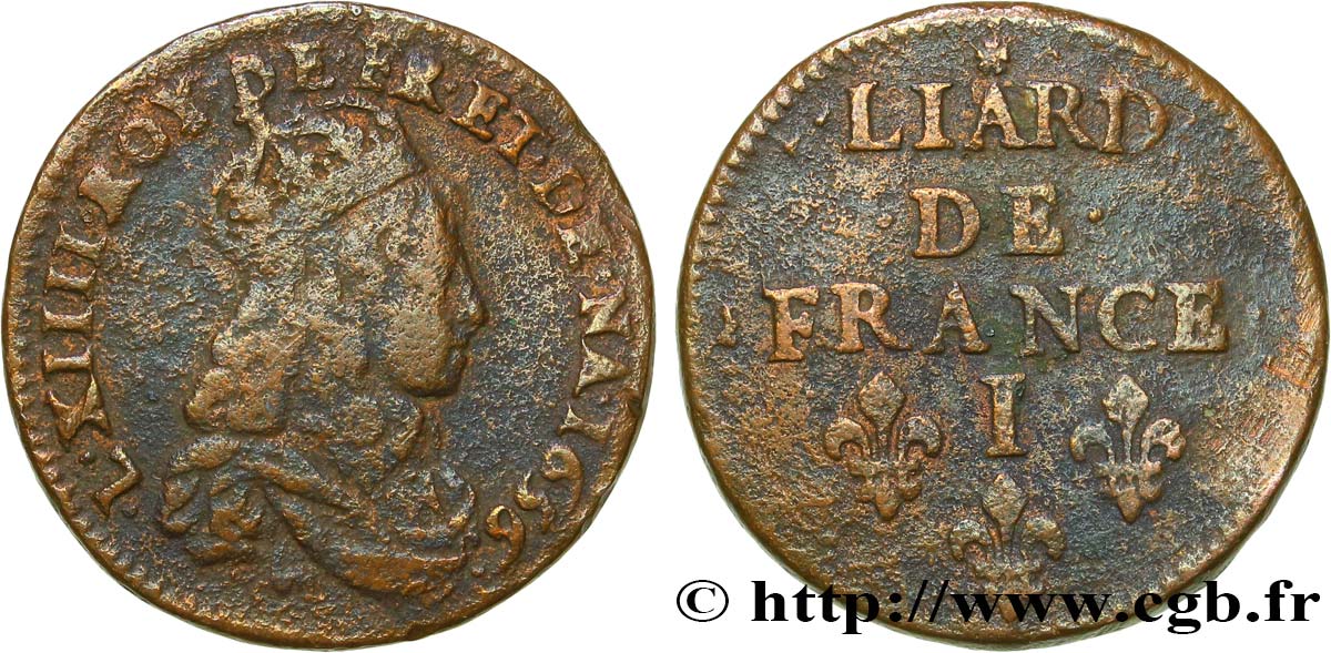 LOUIS XIV  THE SUN KING  Liard de cuivre, 2e type 1656 Limoges VF