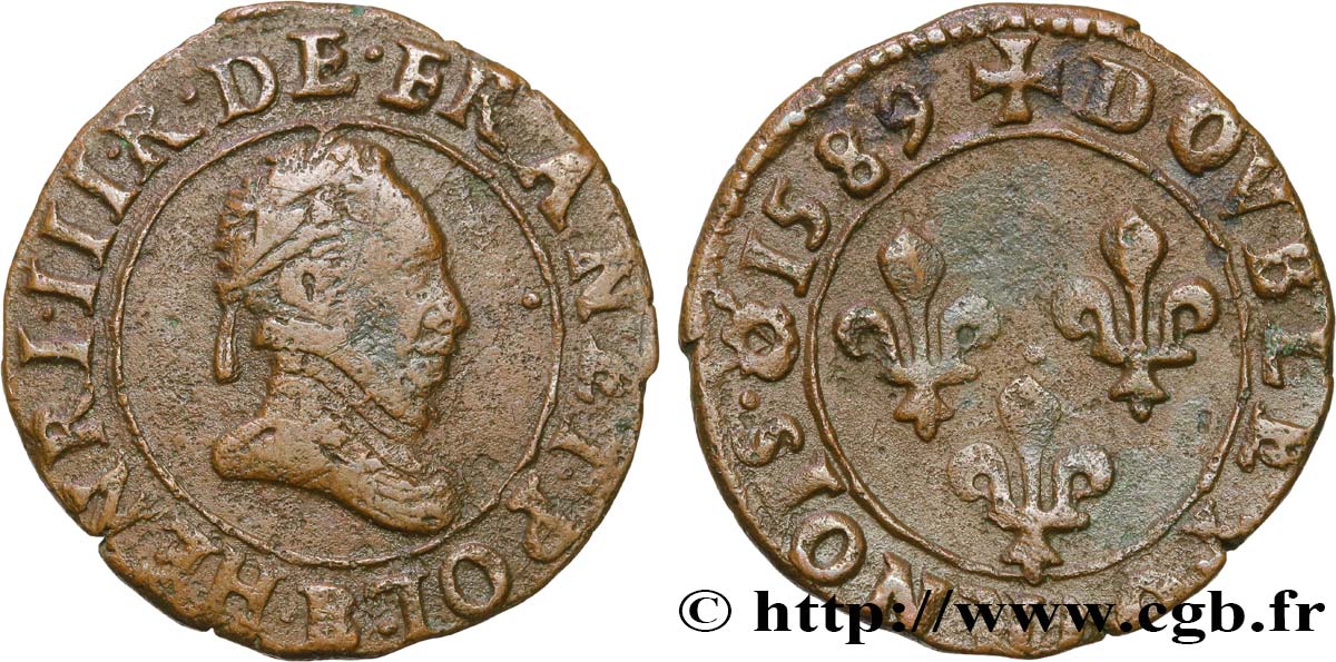 HENRY III Double tournois, type de Rouen 1589 Rouen fSS/SS