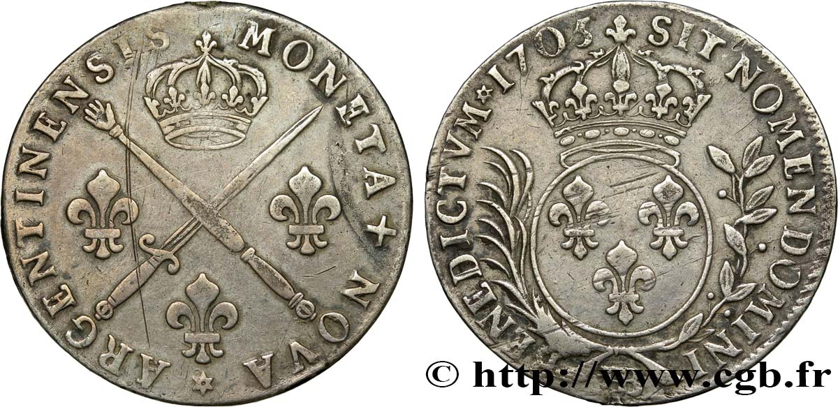 LOUIS XIV  THE SUN KING  Trente-trois sols aux insignes 1705 Strasbourg XF