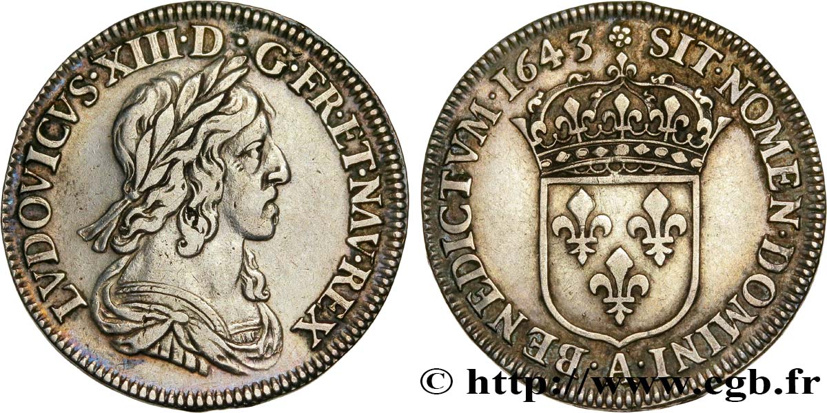 LOUIS XIII LE JUSTE Quart d écu, buste drapé et cuirassé (2e buste de Jean Warin) 1643 Paris, Monnaie de Matignon TB+/TTB+