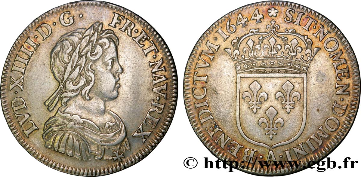 LOUIS XIV  THE SUN KING  Quart d écu, portrait à la mèche courte 1644 Paris, Monnaie de Matignon BB/q.SPL