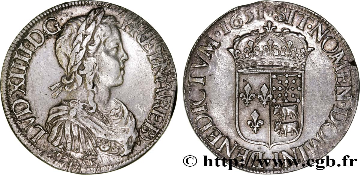 LOUIS XIV  THE SUN KING  Écu de Béarn, portrait à la mèche longue 1651 Pau MBC+