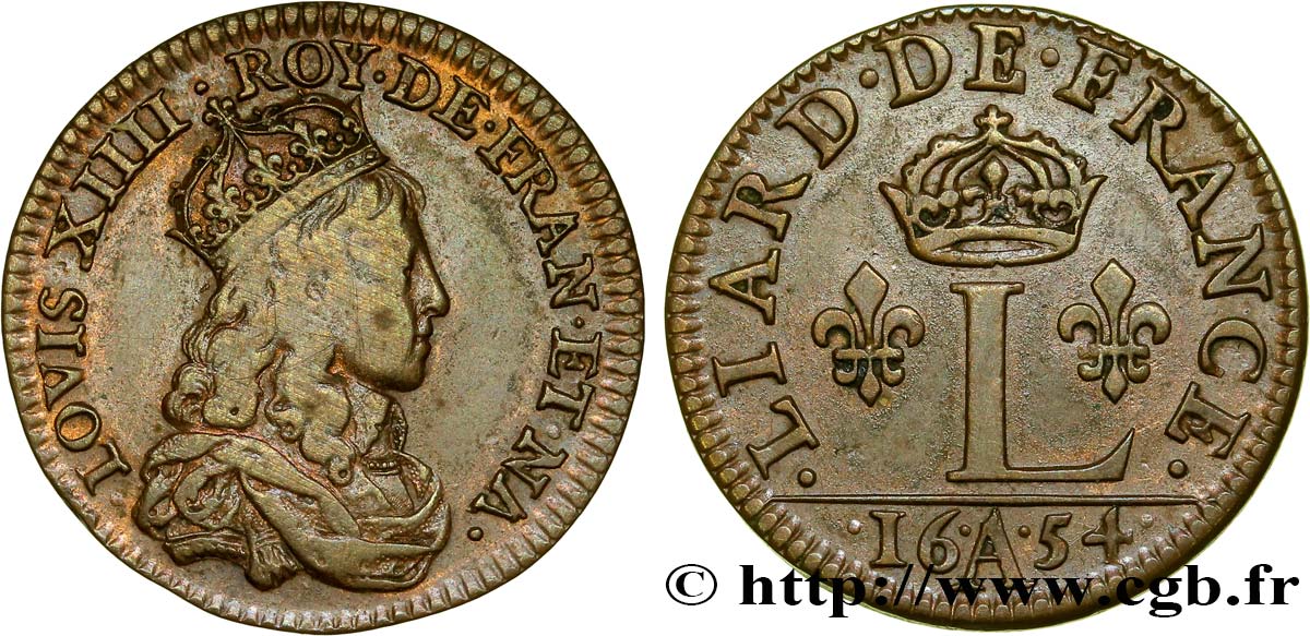 LOUIS XIV  THE SUN KING  Liard de France à l L couronnée (épreuve) 1654 Paris BB/SPL