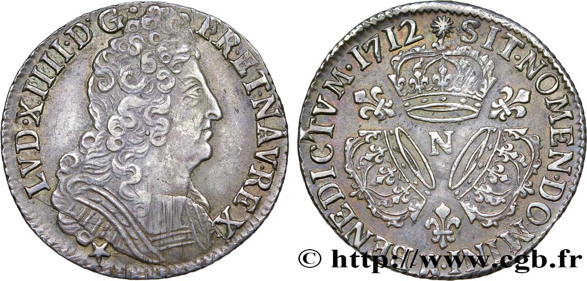 LOUIS XIV  THE SUN KING  Quart d écu aux trois couronnes 1712 Montpellier fVZ