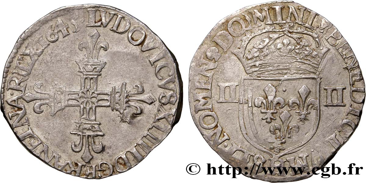 LOUIS XIV LE GRAND OU LE ROI SOLEIL Quart d écu, titulature côté croix 1645 La Rochelle TTB