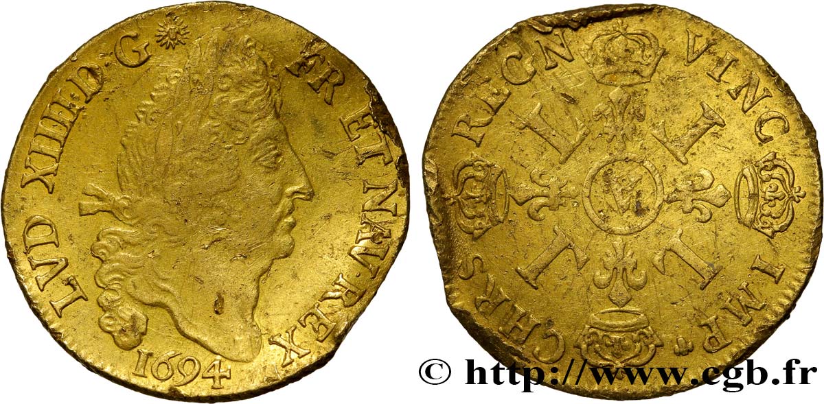 LOUIS XIV  THE SUN KING  Double louis d or aux quatre L 1694 Paris BC+