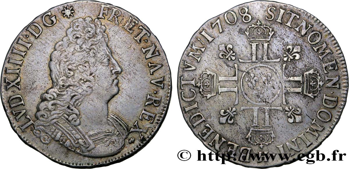 LOUIS XIV  THE SUN KING  Écu aux huit L, 2e type 1708 La Rochelle XF