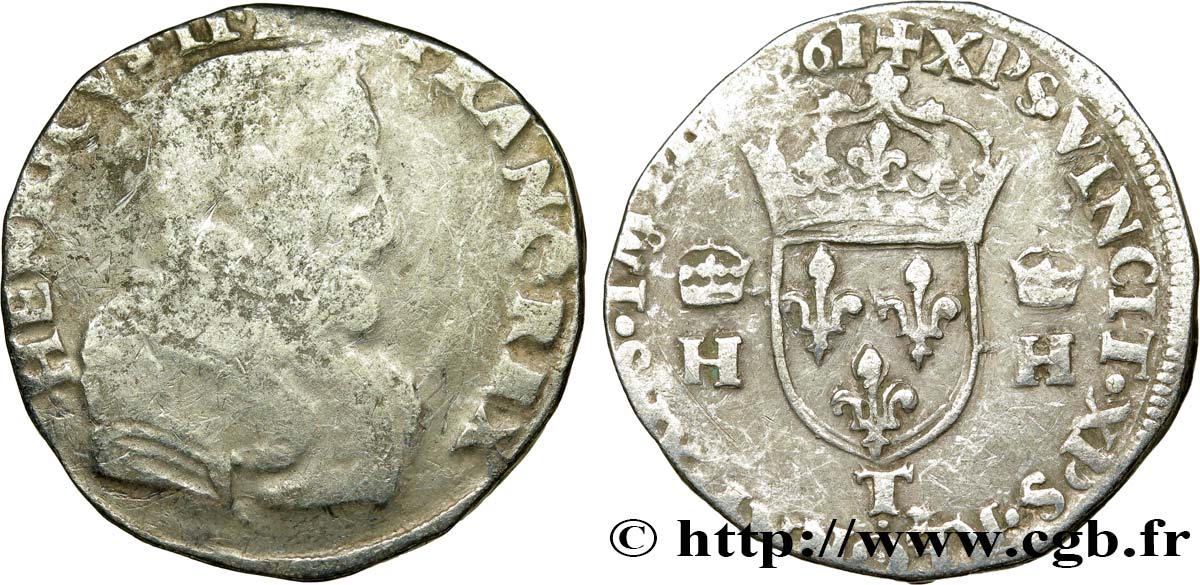 CHARLES IX COINAGE IN THE NAME OF HENRY II Teston à la tête nue, 1er type 1561 Nantes VF/VF