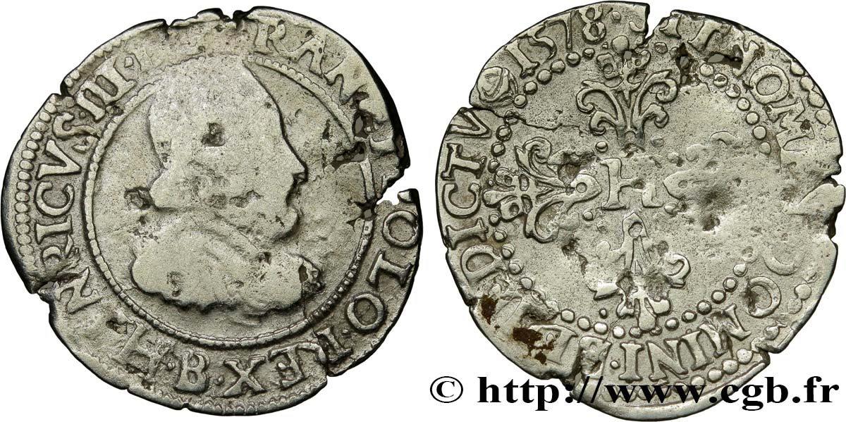 HENRI III Quart de franc au col fraisé 1578 Rouen TB