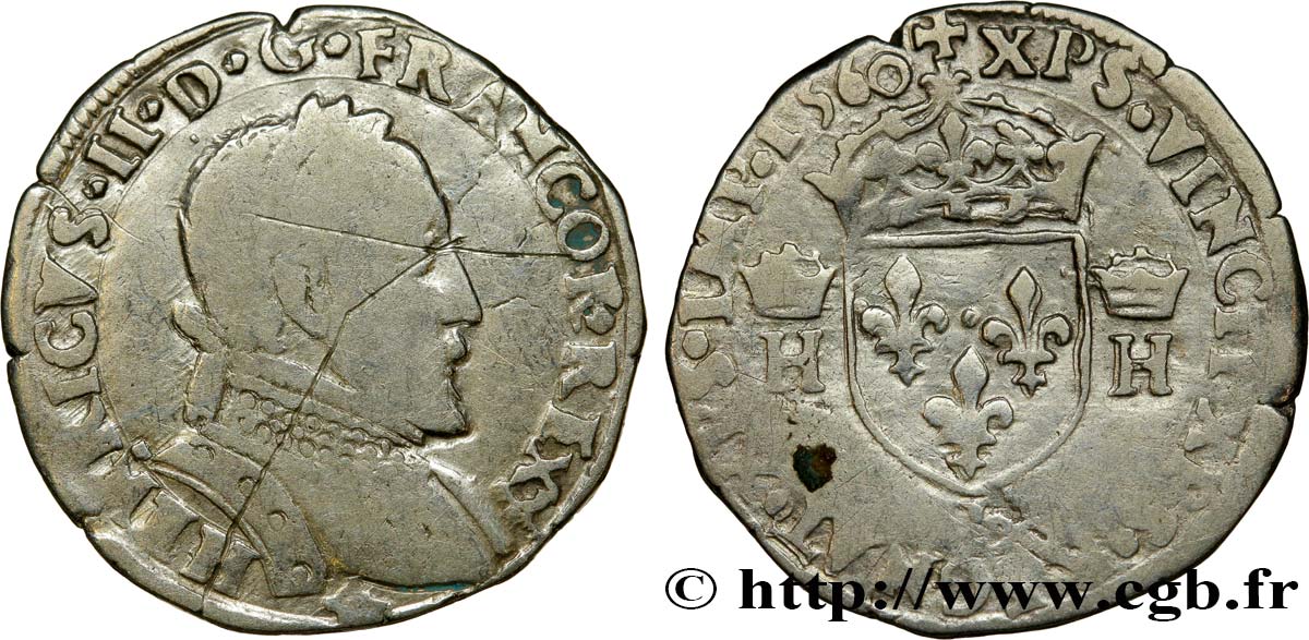 FRANÇOIS II. MONNAYAGE AU NOM D HENRI II Demi-teston au buste lauré, 2e type 1560 Bayonne TB+