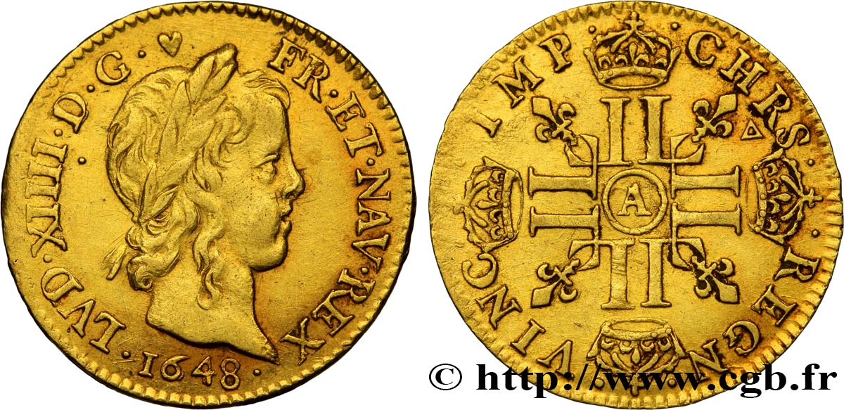 LOUIS XIV  THE SUN KING  Demi-louis d’or aux huit L, portrait à la mèche longue 1648 Paris SPL